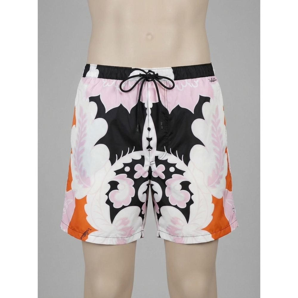 NEW VALENTINO men's arazzo print swim shorts in black/rose